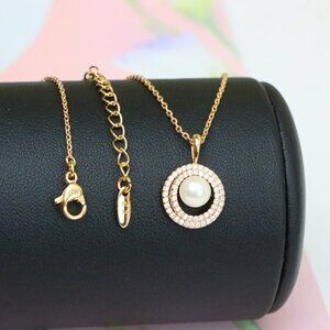 "Elegant Rose Gold Pearl Pendant Necklace with Double Halo Design, XPNL1902